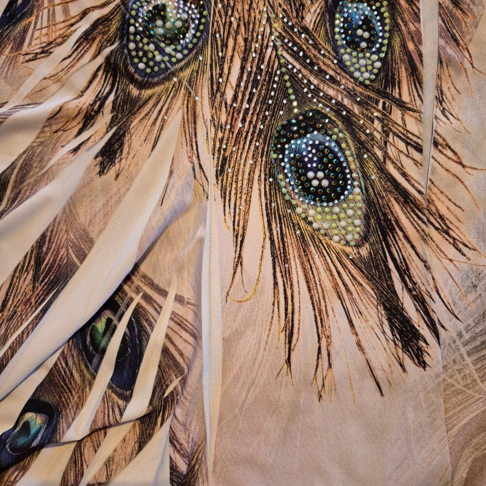 Jostar Peacock Feather Print Jacket • Open Front Draped Side • Rhinestone Detail - Picture 6 of 6